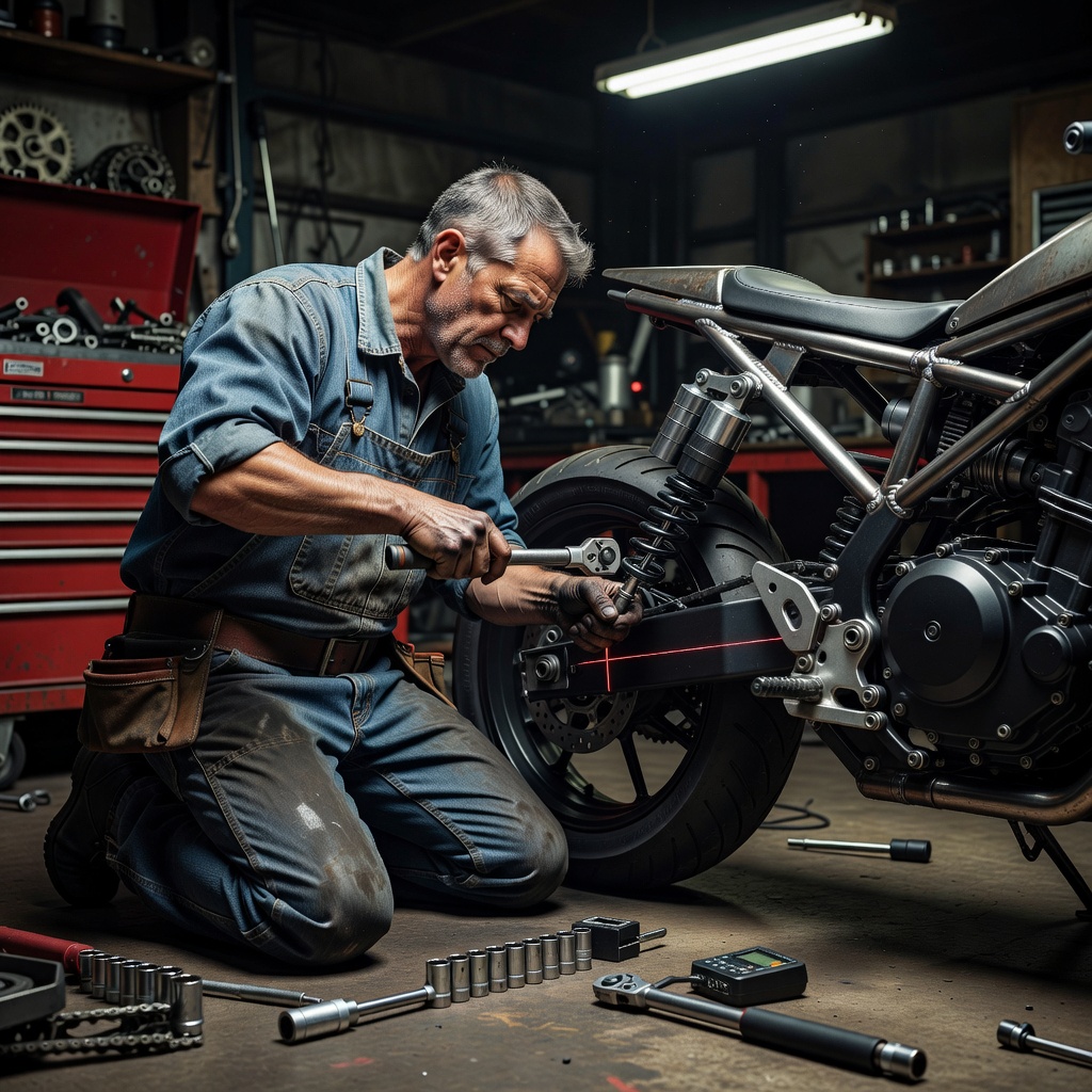 A mechanic adjusting the rear suspension, swingarm alignment, and critical torque elements of a custom project motorcycle