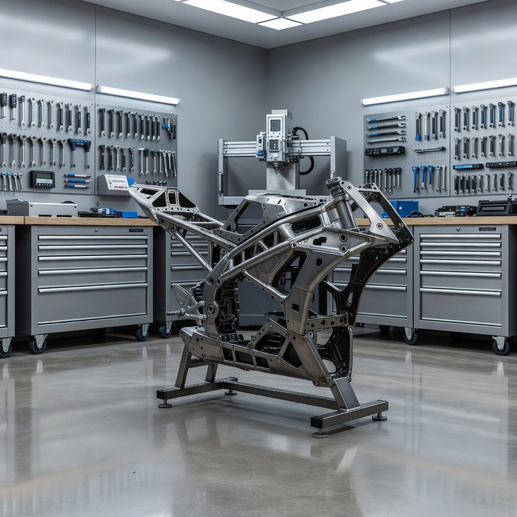 Custom high-end racing motorcycle chassis parked inside a pristine professional fabrication workshop with precision tools