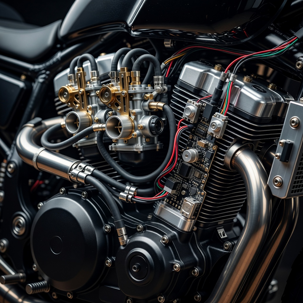 Highly detailed close-up of custom motorcycle engine layout carburetor components and detailed electronic configurations